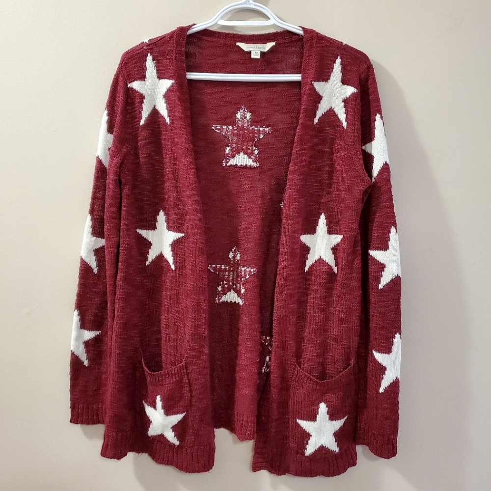 Charming Charlie - Maroon Star Knit Open Front Cardigan - Size M